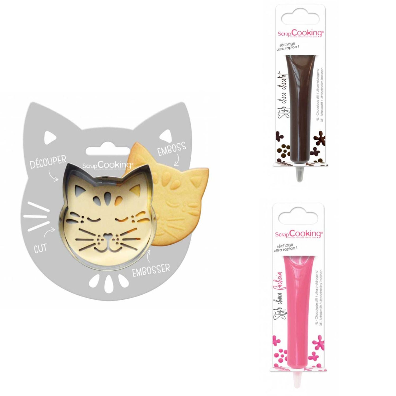 Kit pour biscuit en relief Chat + 2 Stylos au chocolat marron et fuchsia Scrapcooking - Mathon