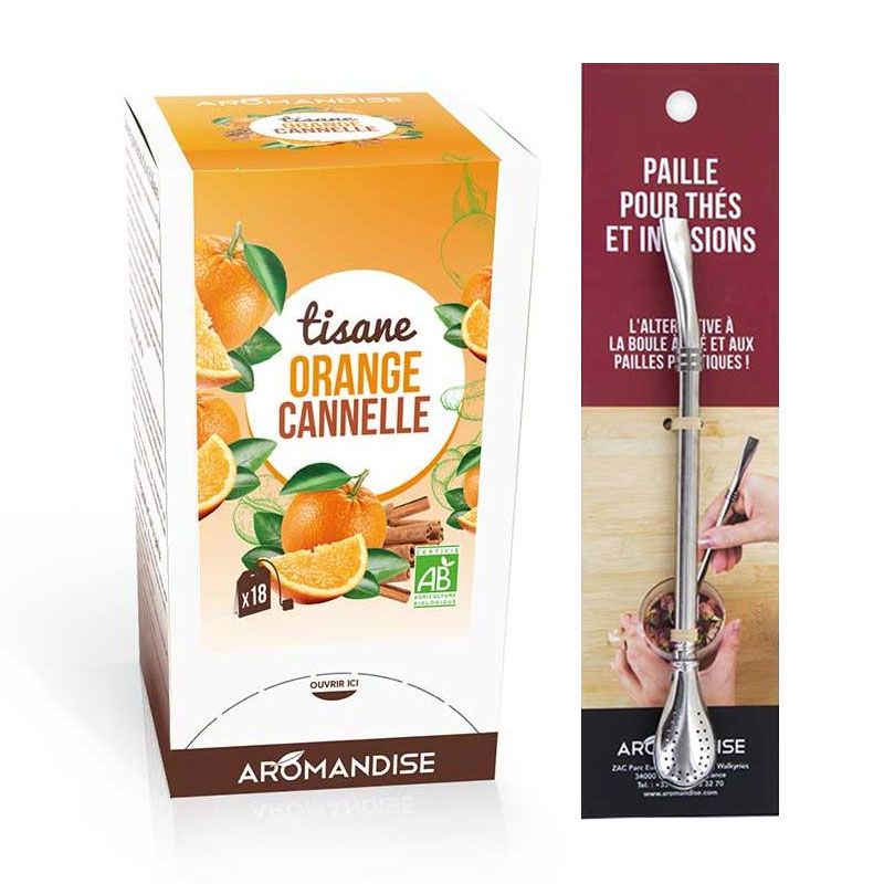 Tisane orange et cannelle bio 20 sachets + paille inox avec filtre Aromandise - Mathon