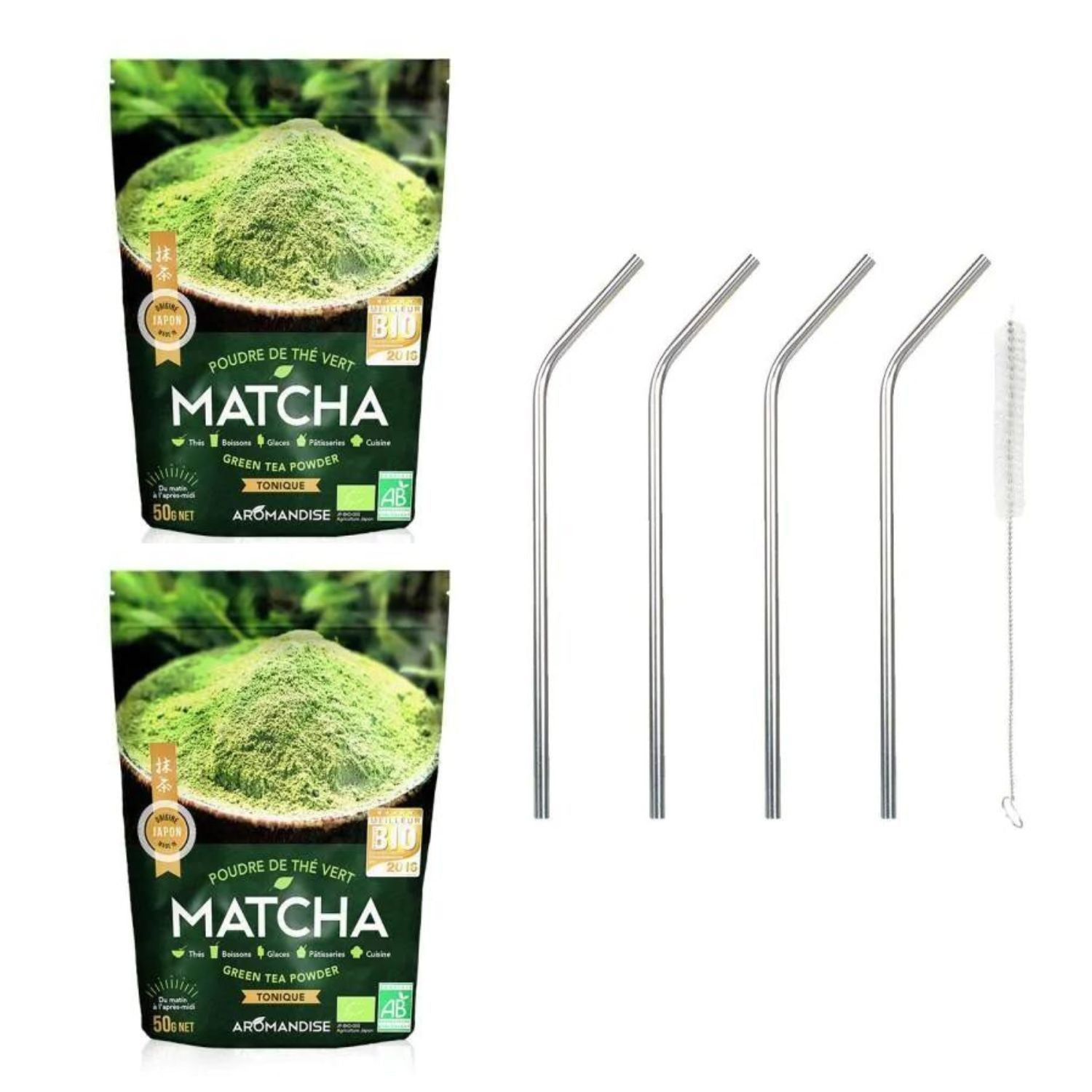 Thé vert bio Matcha en poudre 100 g + 4 pailles en inox Youdoit - Mathon