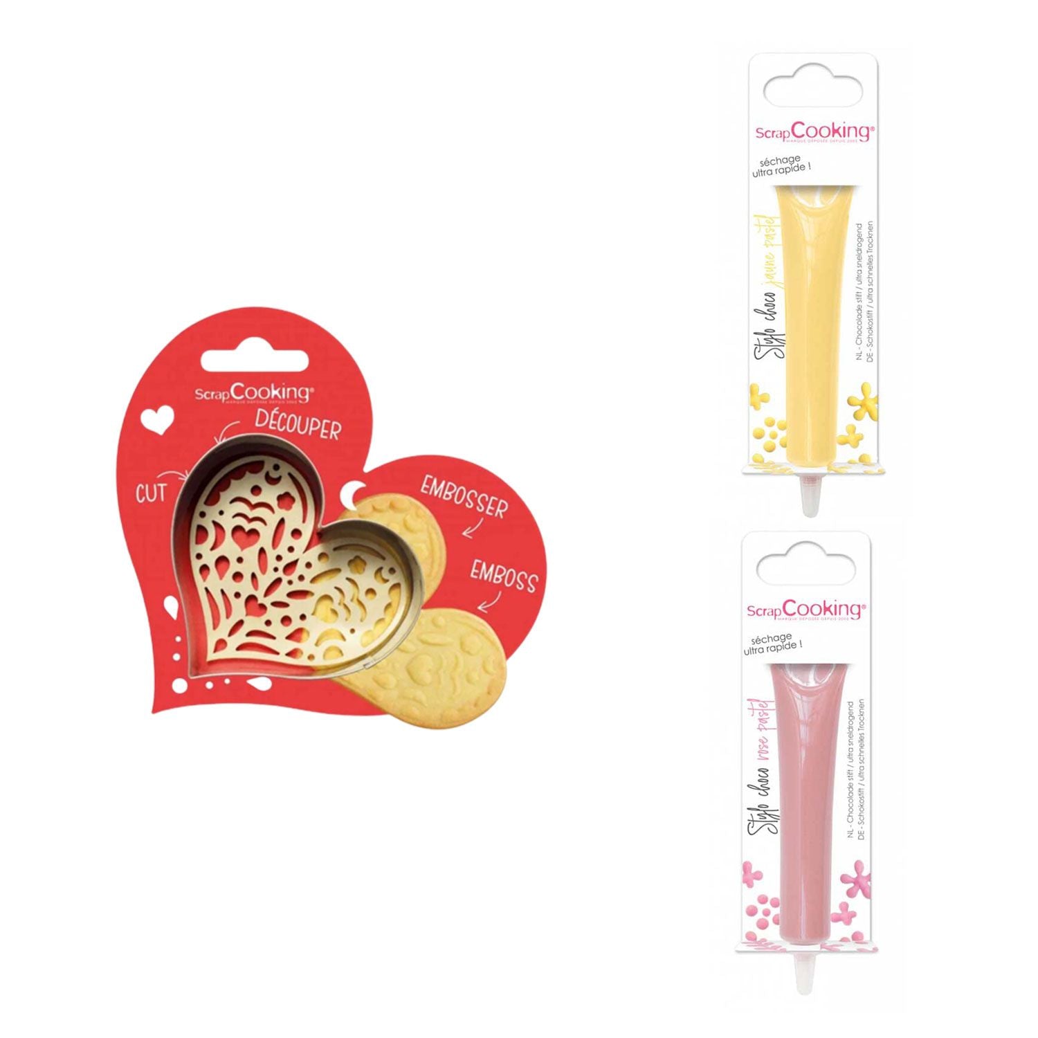 Kit pour biscuit en relief Coeur + 2 Stylos au chocolat jaune pastel et rose pastel Scrapcooking - Mathon