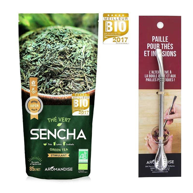 Thé vert Bio Sencha japonais + paille inox avec filtre Aromandise - Mathon
