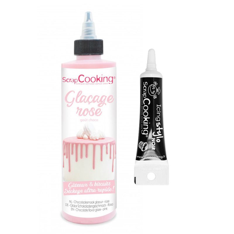 Glaçage goût chocolat 130 g rose + Stylo de glaçage noir Scrapcooking - Mathon