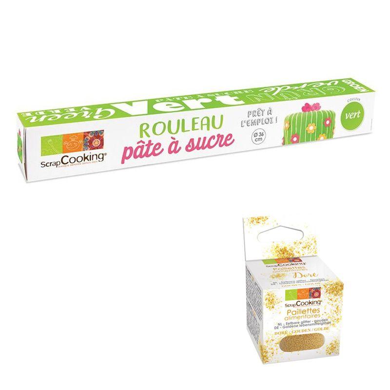 Pâte à sucre en rouleau Ø 36 cm verte + paillettes dorées Scrapcooking - Mathon