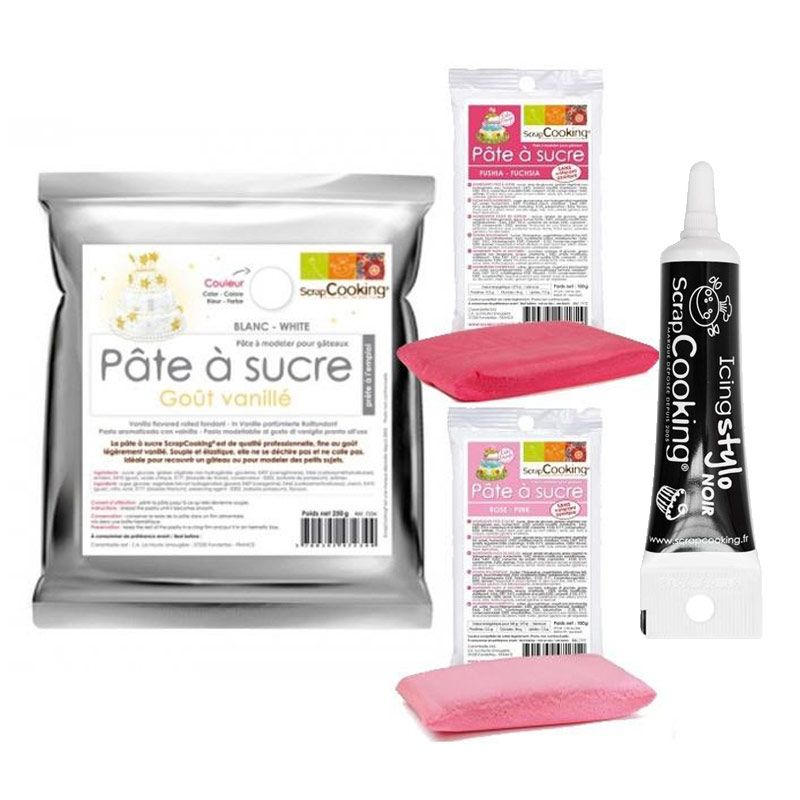 Kit pâte à sucre naissance fille + Stylo de glaçage noir Scrapcooking - Mathon