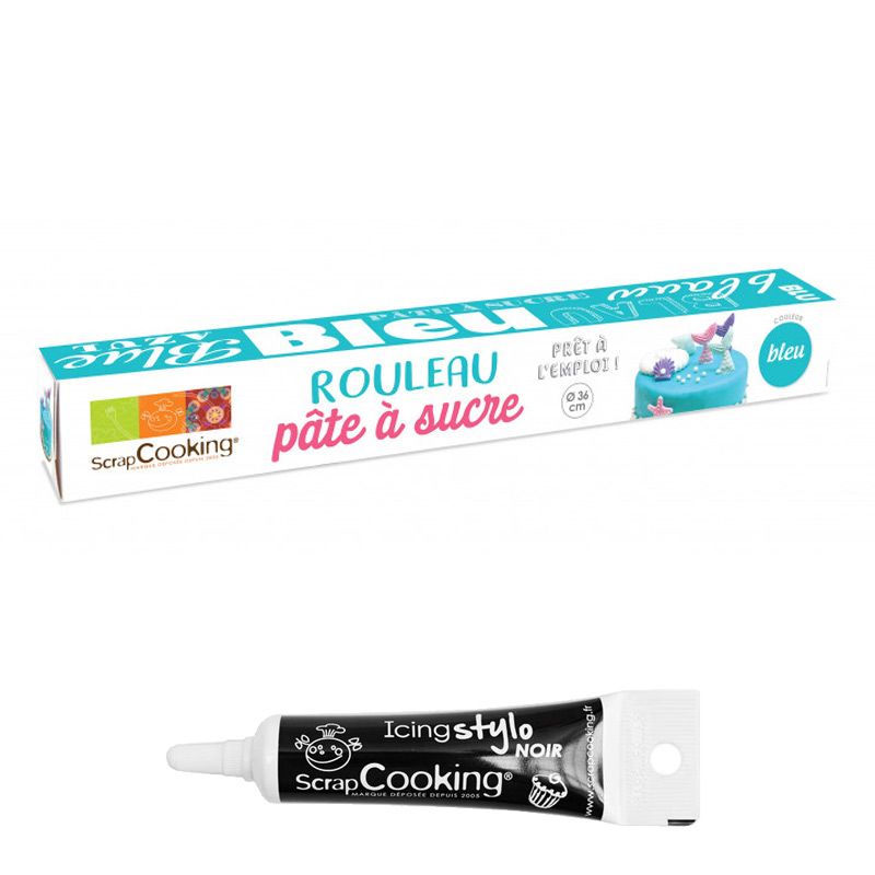 Pâte à sucre en rouleau Bleu 430 g + Stylo de glaçage noir Scrapcooking - Mathon