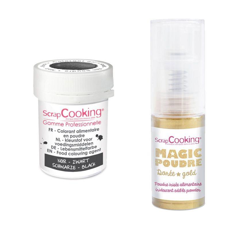 Colorant alimentaire en poudre noir + Poudre alimentaire irisée dorée Scrapcooking - Mathon