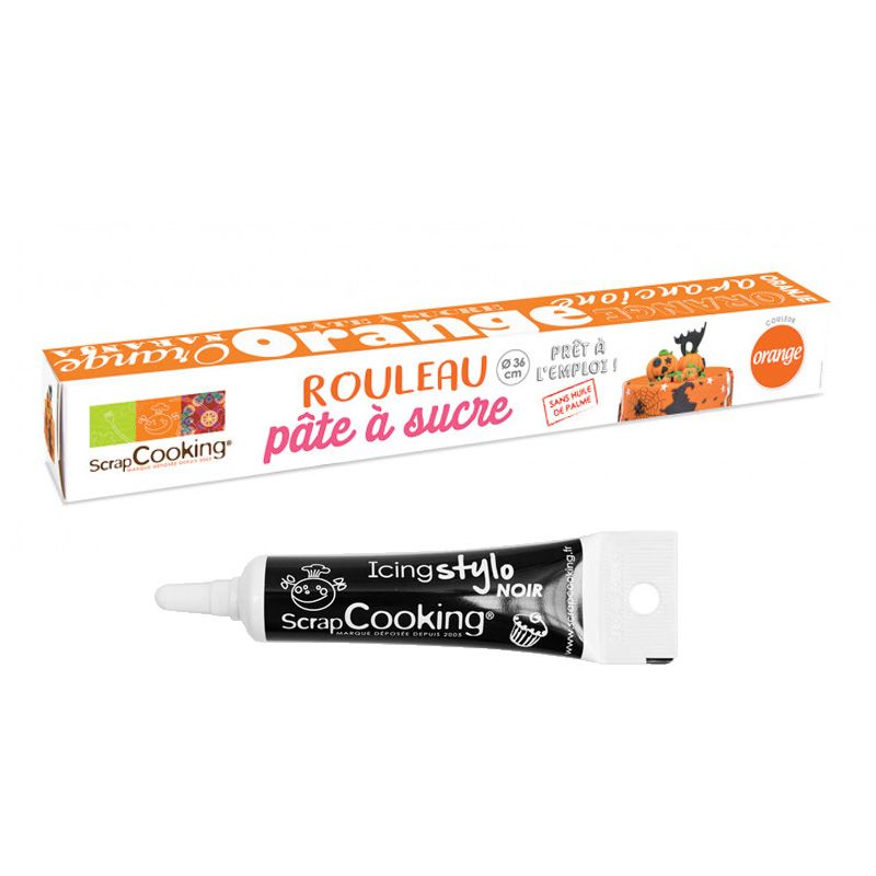 Pâte à sucre en rouleau orange Ø 36 cm + Stylo de glaçage noir Scrapcooking - Mathon