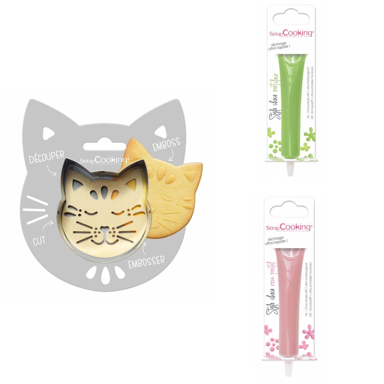 Kit pour biscuit en relief Chat + 2 Stylos au chocolat vert clair et rose pastel Scrapcooking - Mathon