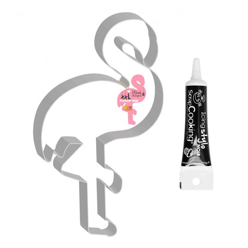 Moule découpoir XXL Flamant rose + Stylo de glaçage noir Scrapcooking - Mathon