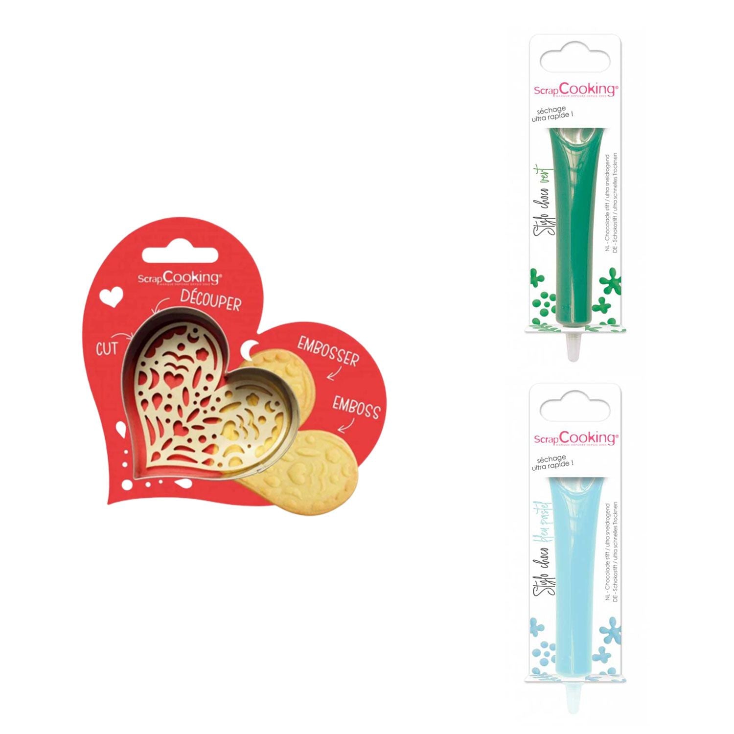 Kit pour biscuit en relief Coeur + 2 Stylos au chocolat vert et bleu pastel Scrapcooking - Mathon