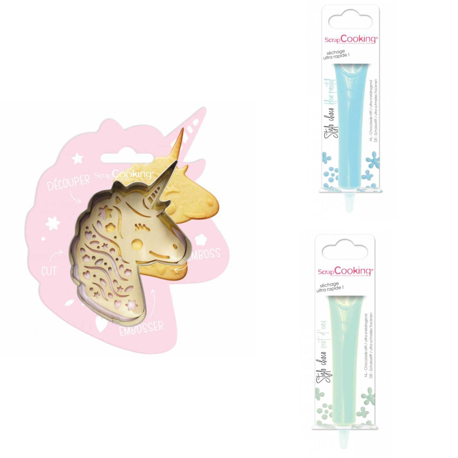 Kit pour biscuit en relief Licorne + 2 Stylos au chocolat bleu pastel et vert d