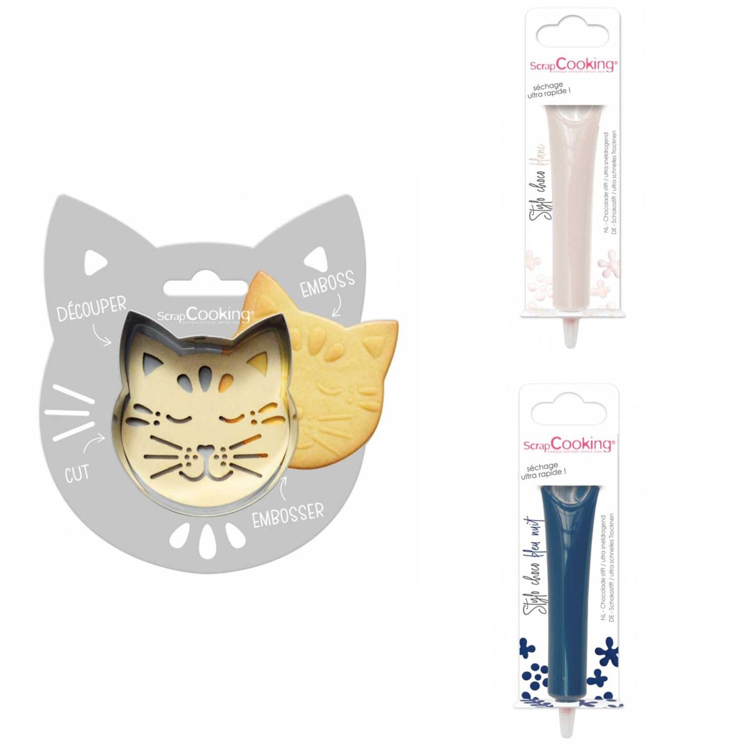 Kit pour biscuit en relief Chat + 2 Stylos au chocolat blanc et bleu nuit Scrapcooking - Mathon