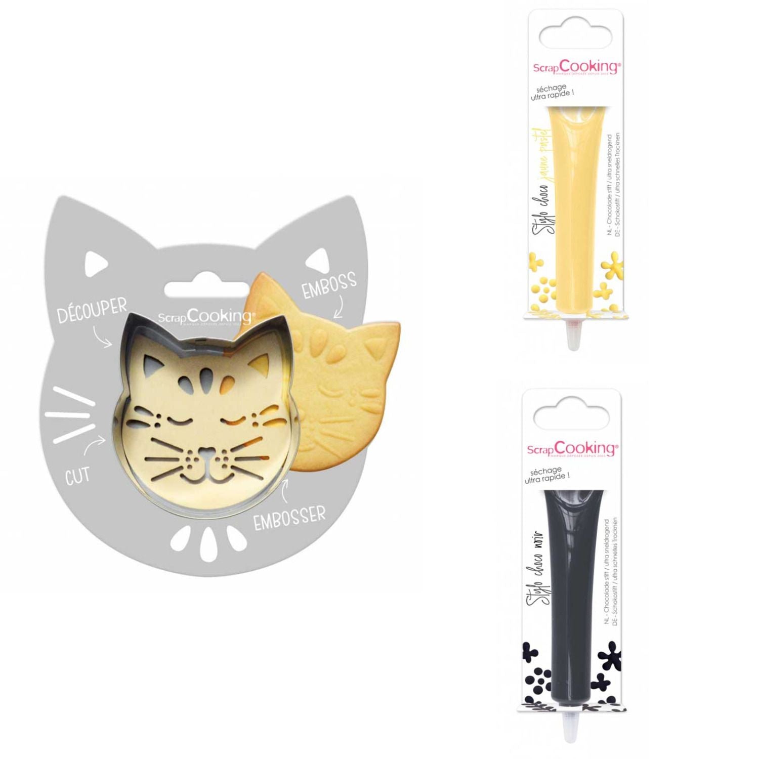 Kit pour biscuit en relief Chat + 2 Stylos au chocolat jaune pastel et noir Scrapcooking - Mathon