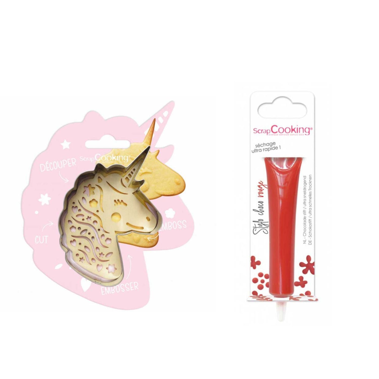 Kit pour biscuit en relief Licorne + Stylo au chocolat rouge Scrapcooking - Mathon