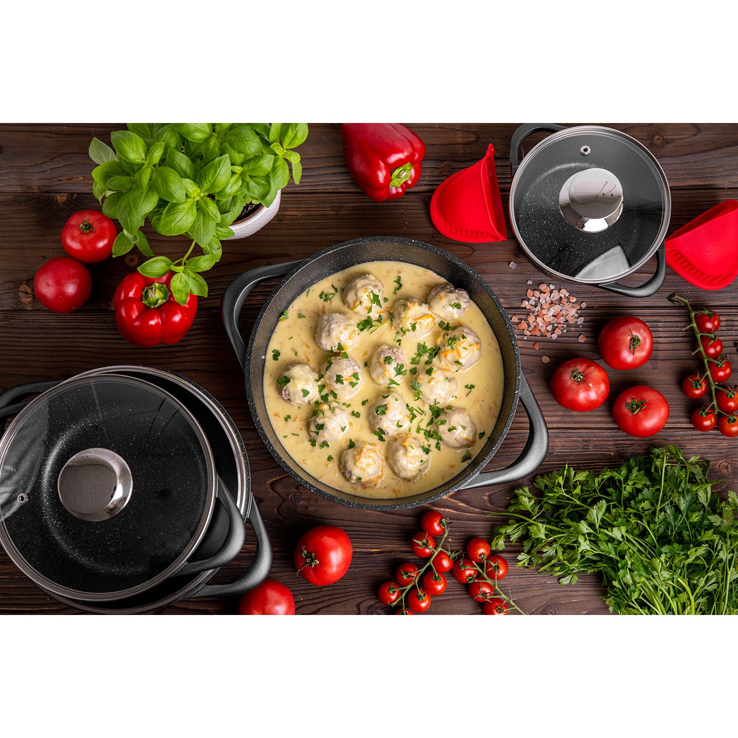 Batterie de Cuisine Induction 8 Pièces Aluminium Fonte 4 Casseroles 4 Couvercles  Noir BRI-MGK17 - Mathon - 2