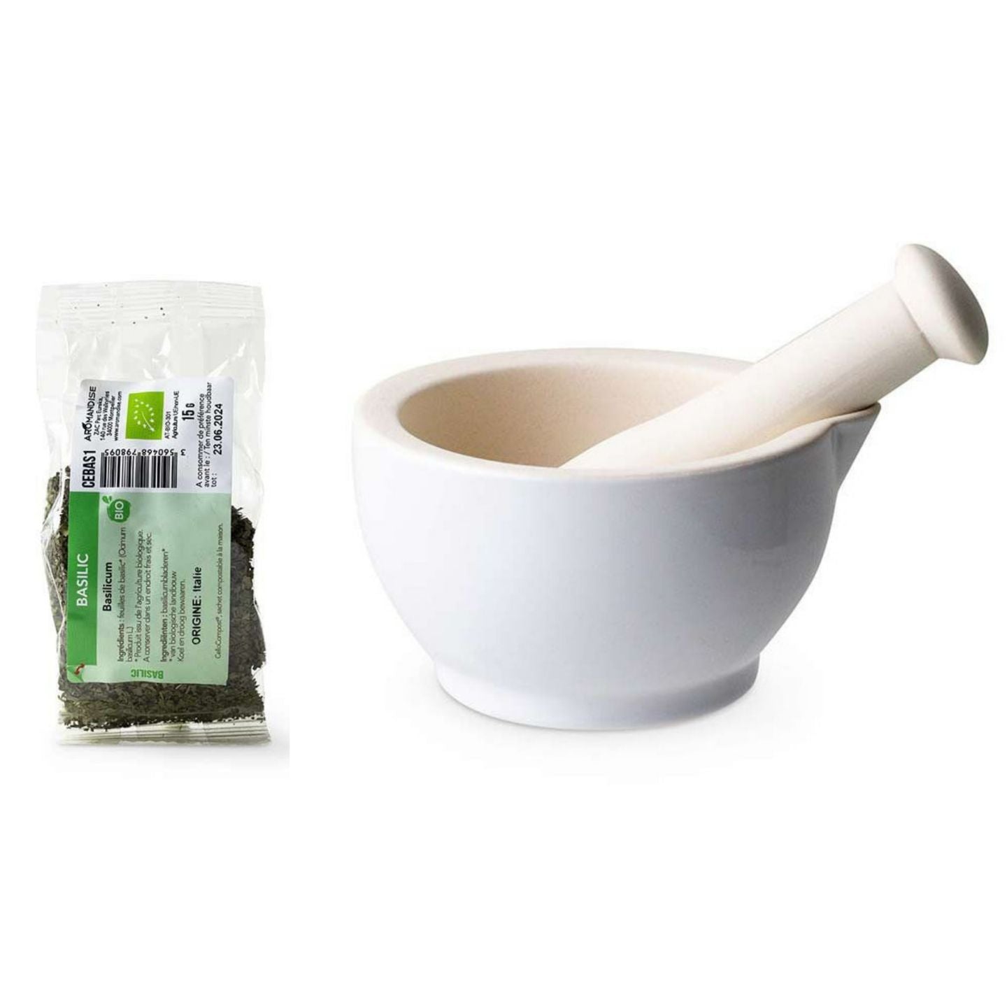 Mortier et pilon en grès blanc + Basilic bio - 15 g Aromandise - Mathon
