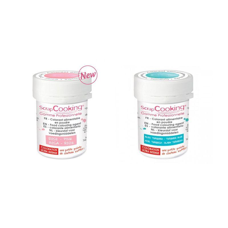 2 colorants alimentaires en poudre - turquoise-rose poudré Scrapcooking - Mathon