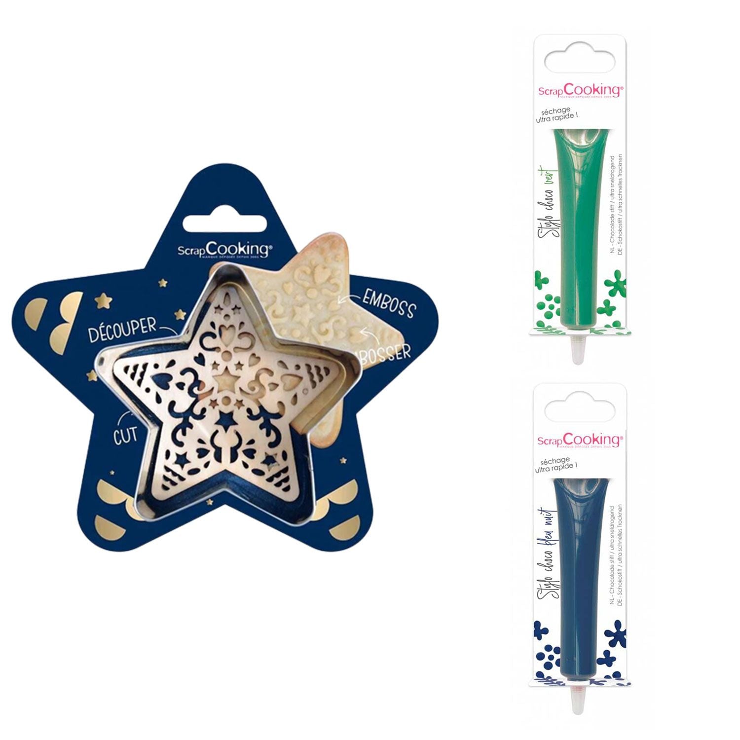 Kit pour biscuit en relief Étoile + 2 Stylos au chocolat vert et bleu nuit Scrapcooking - Mathon