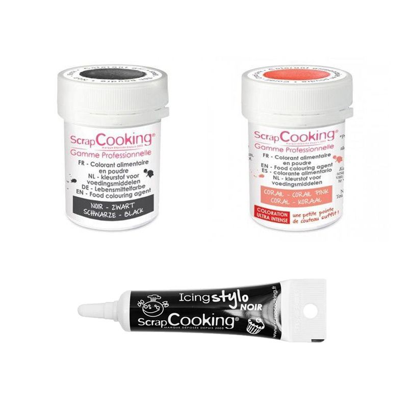 2 colorants alimentaires corail-noir + Stylo glaçage noir Scrapcooking - Mathon