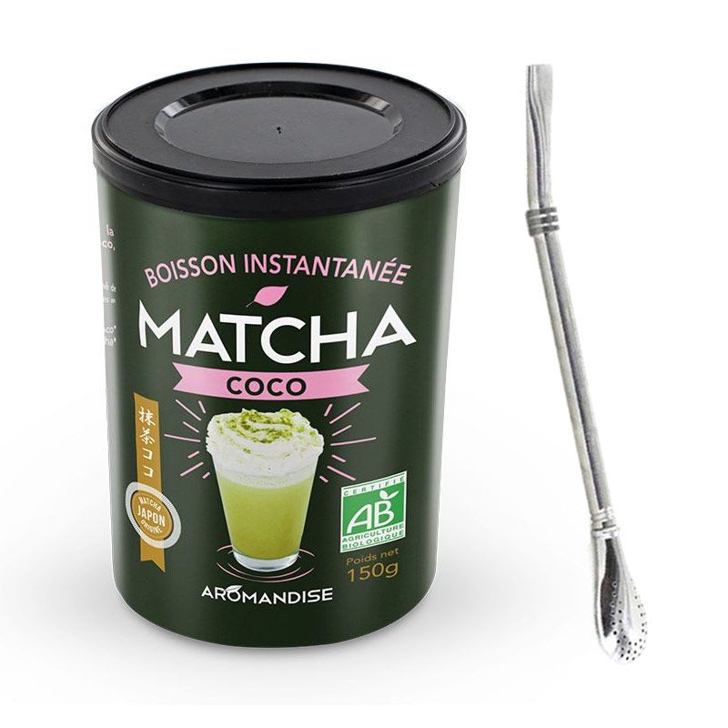Boisson instantanée Matcha coco 150 g + paille inox avec filtre Aromandise - Mathon