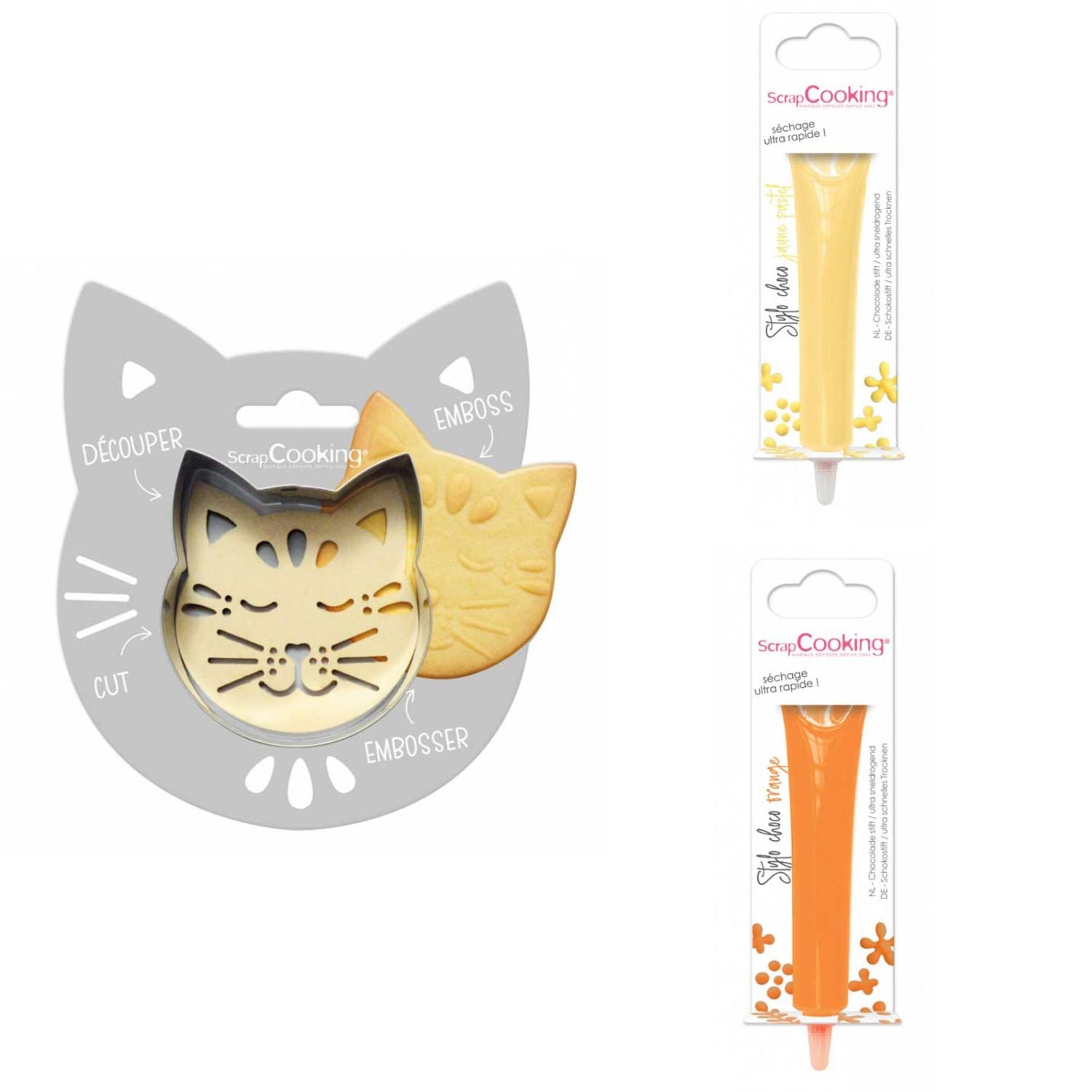 Kit pour biscuit en relief Chat + 2 Stylos au chocolat jaune pastel et orange Scrapcooking - Mathon