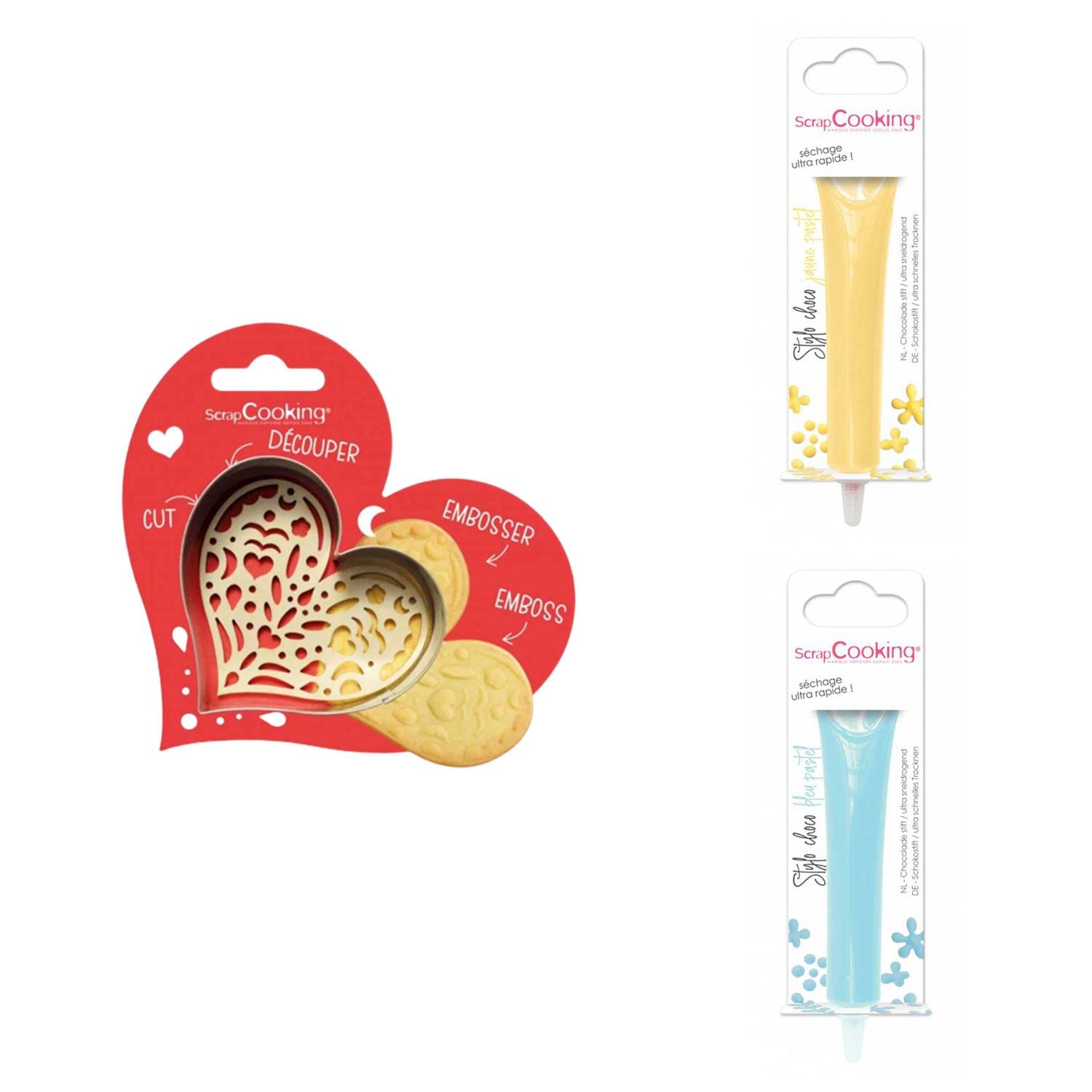 Kit pour biscuit en relief Coeur + 2 Stylos au chocolat jaune pastel et bleu pastel Scrapcooking - Mathon