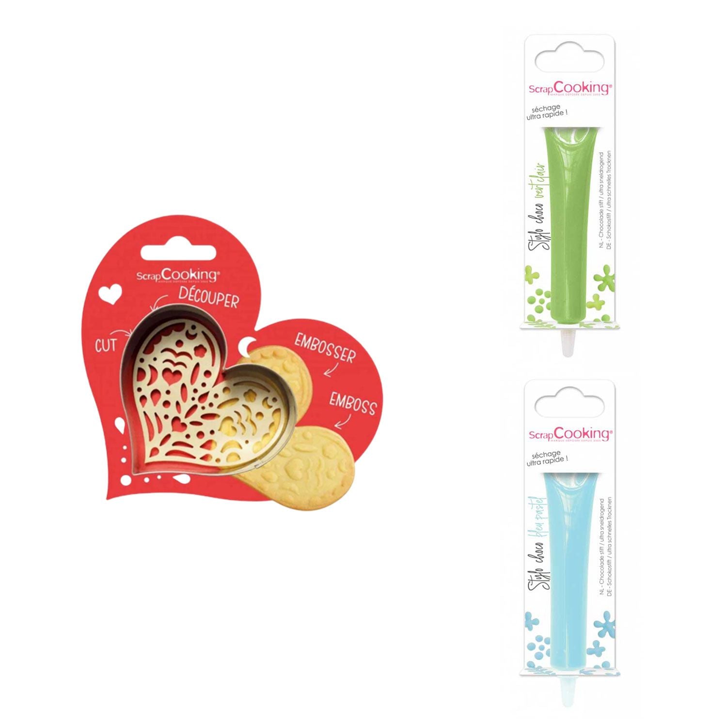 Kit pour biscuit en relief Coeur + 2 Stylos au chocolat vert clair et bleu pastel Scrapcooking - Mathon