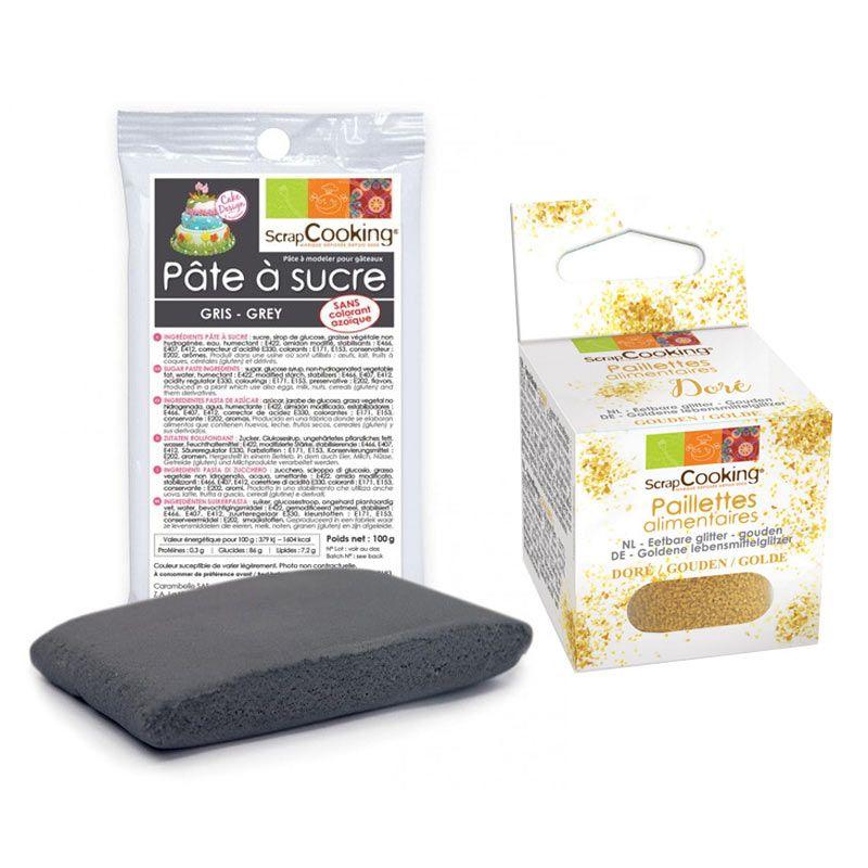 Pâte à sucre grise 100 g + paillettes dorées Scrapcooking - Mathon