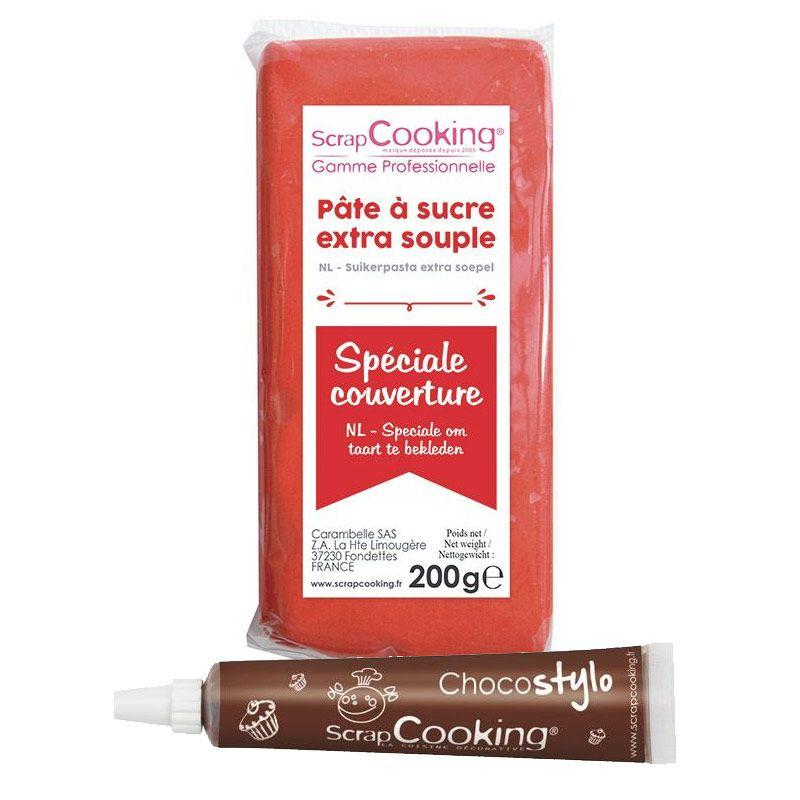 Pâte à sucre de couverture rouge 200 g + Stylo chocolat Scrapcooking - Mathon
