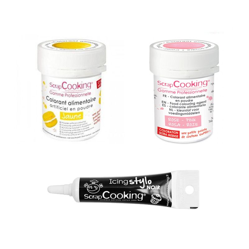 2 colorants alimentaires jaune-rose poudré + Stylo glaçage noir Scrapcooking - Mathon
