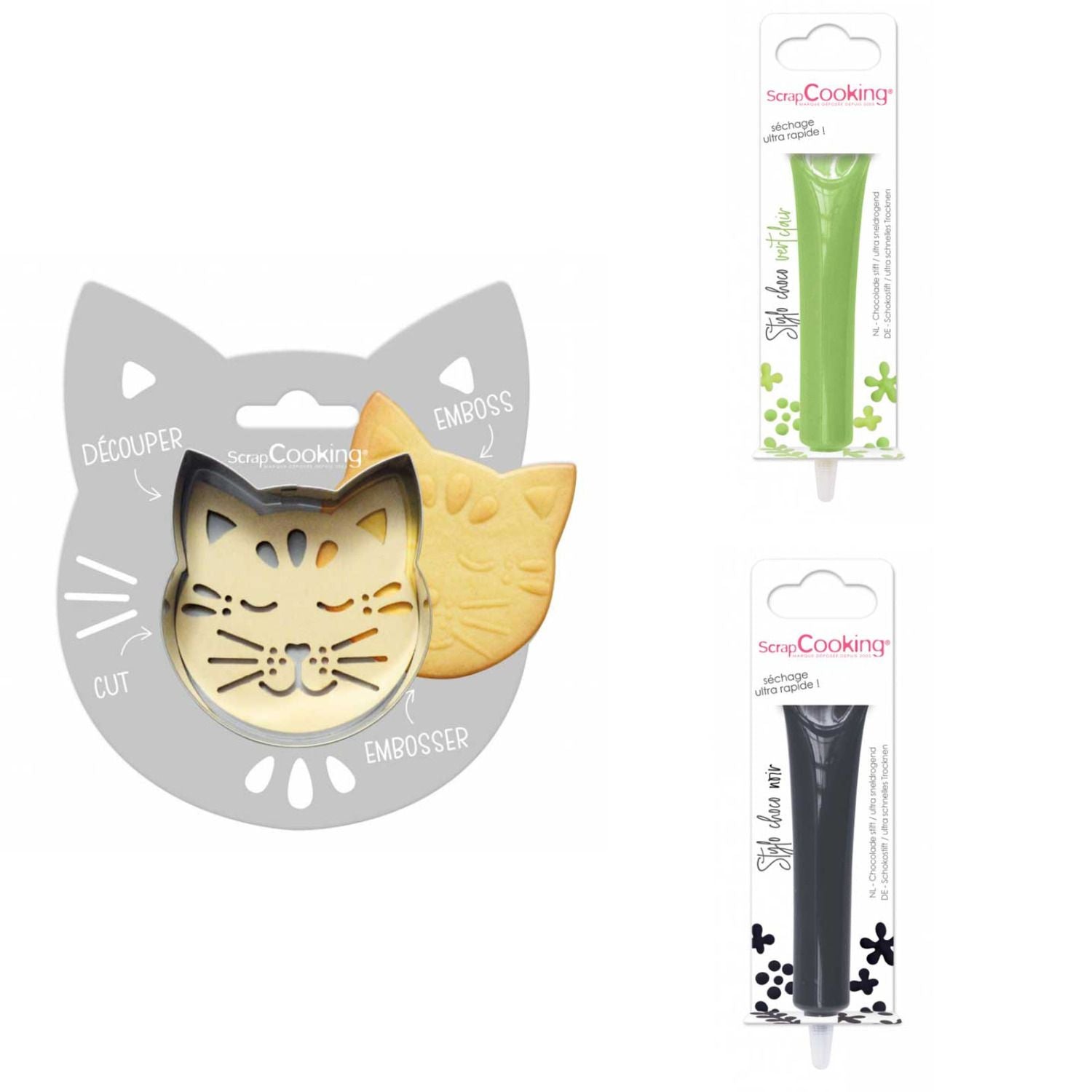 Kit pour biscuit en relief Chat + 2 Stylos au chocolat vert clair et noir Scrapcooking - Mathon