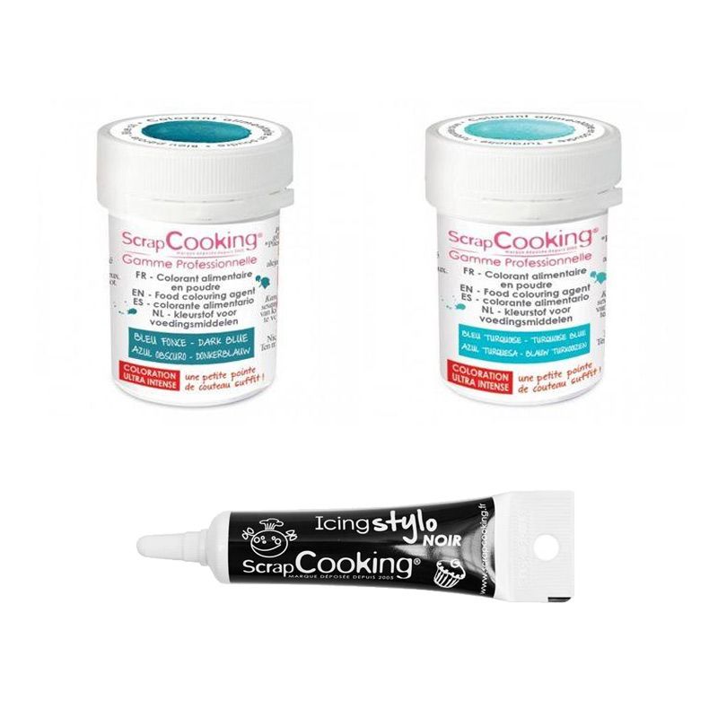 2 colorants alimentaires bleu foncé-turquoise + Stylo glaçage noir Scrapcooking - Mathon