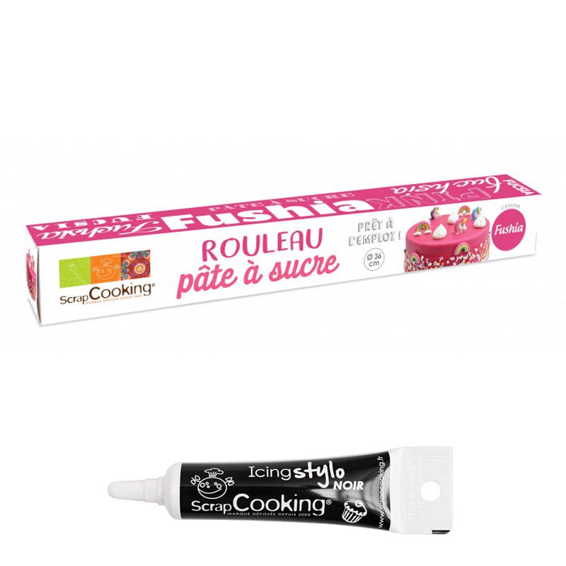 Pâte à sucre en rouleau Fuchsia 430 g + Stylo de glaçage noir Scrapcooking - Mathon