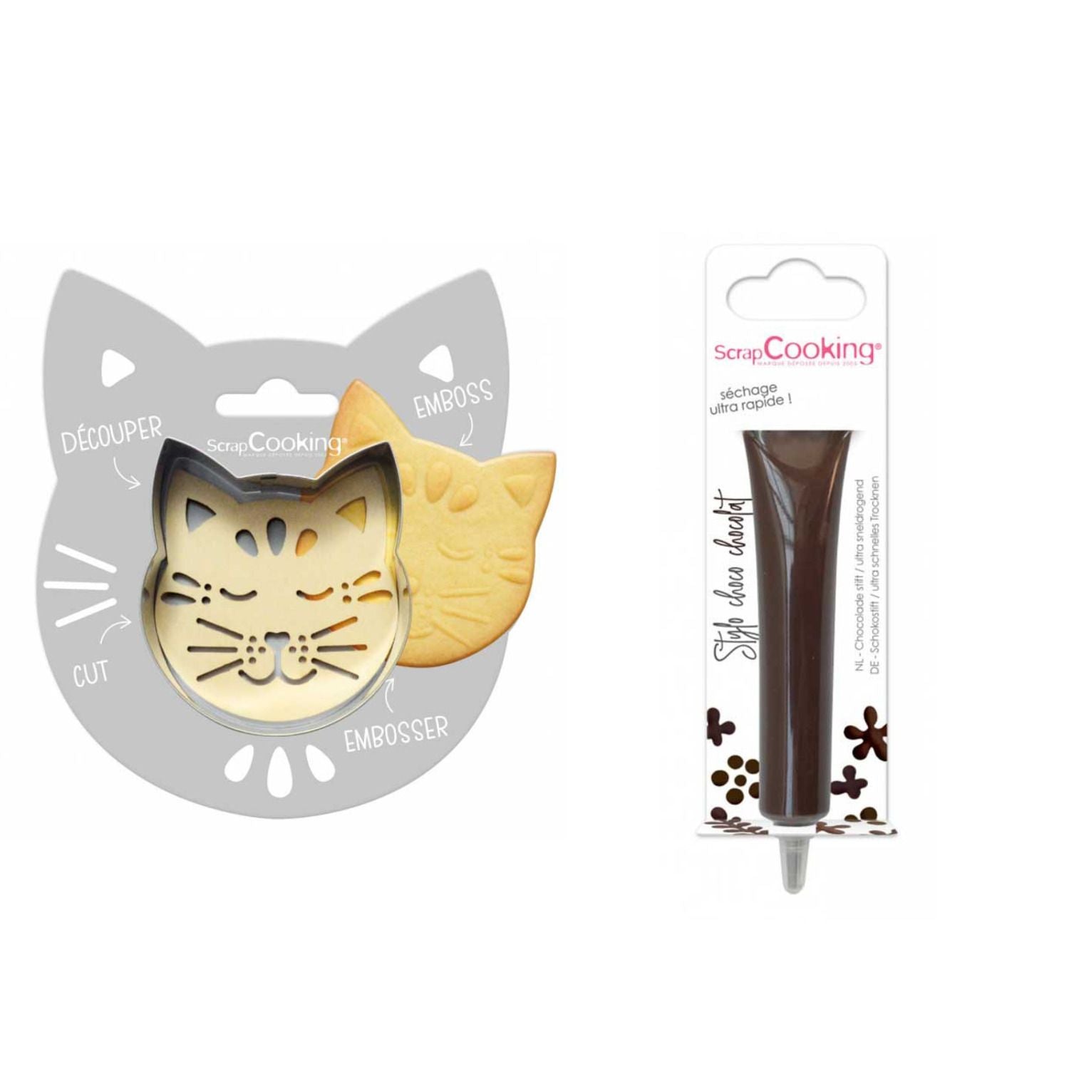 Kit pour biscuit en relief Chat + Stylo au chocolat marron Scrapcooking - Mathon