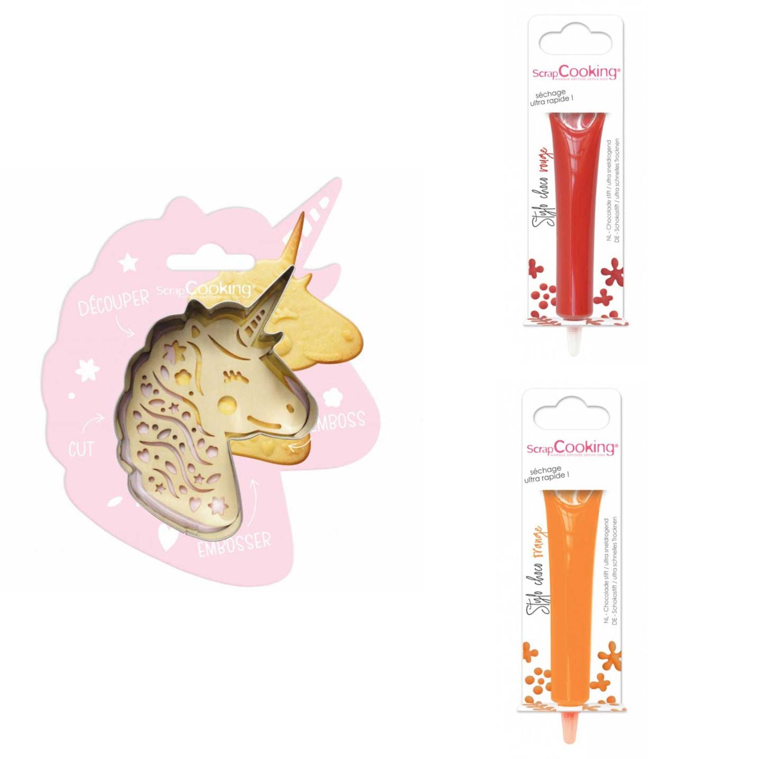 Kit pour biscuit en relief Licorne + 2 Stylos au chocolat rouge et orange Scrapcooking - Mathon