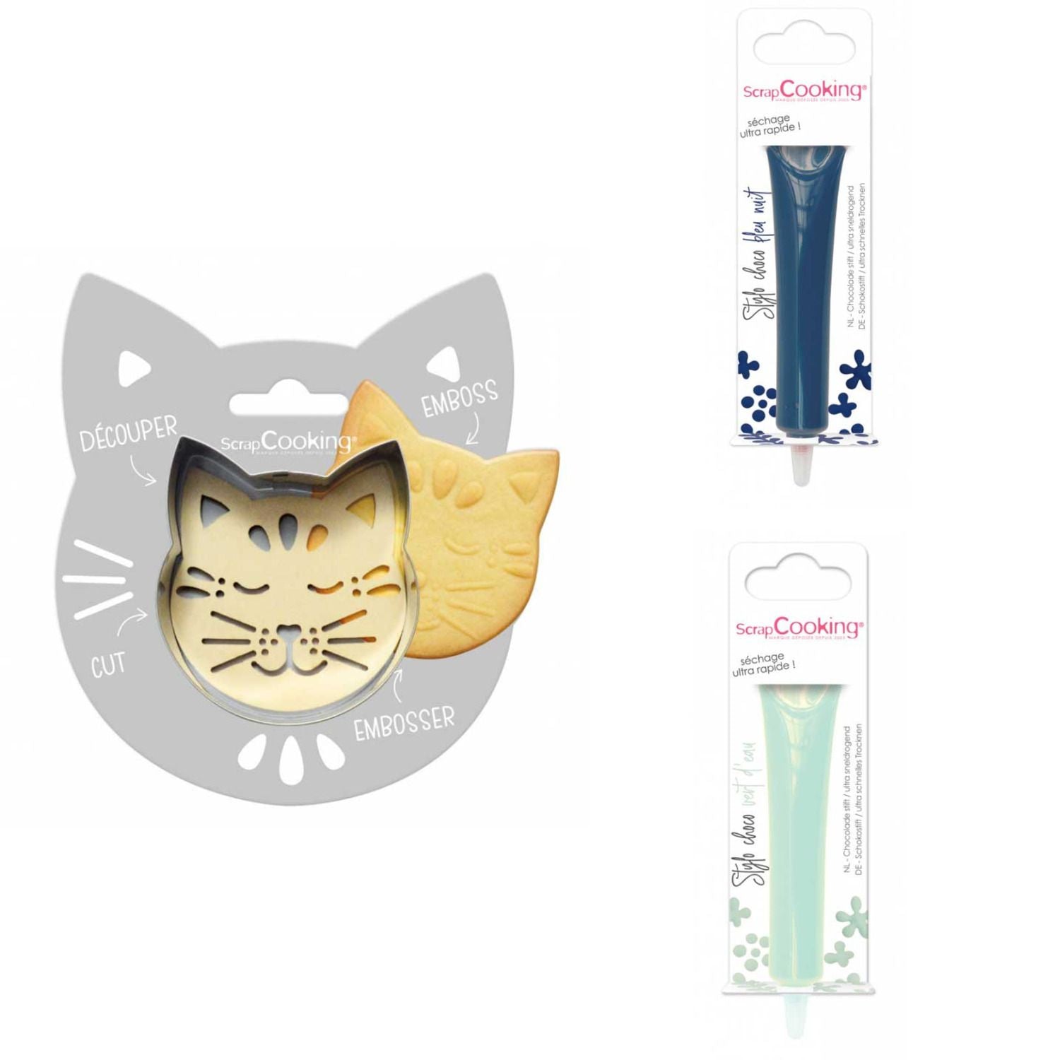 Kit pour biscuit en relief Chat + 2 Stylos au chocolat bleu nuit et vert d